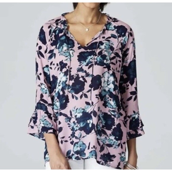 J.Jill Mauve Beautiful Blossoms Blouse Size XS Floral Ruffle Sleeve Tie Neck NEW - Picture 12 of 12